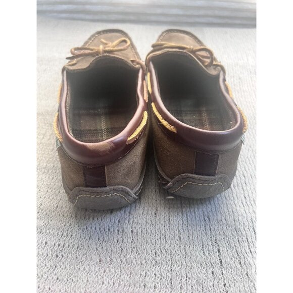 L.L Bean Mens SZ 9 Medium Handsewn Slippers Flannel Lined Tan Slip On Leather - Picture 6 of 12
